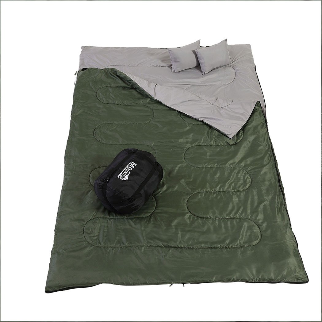 Mountview Double Sleeping Bag in army green, designed for outdoor camping, featuring two pillows and a carry bag.