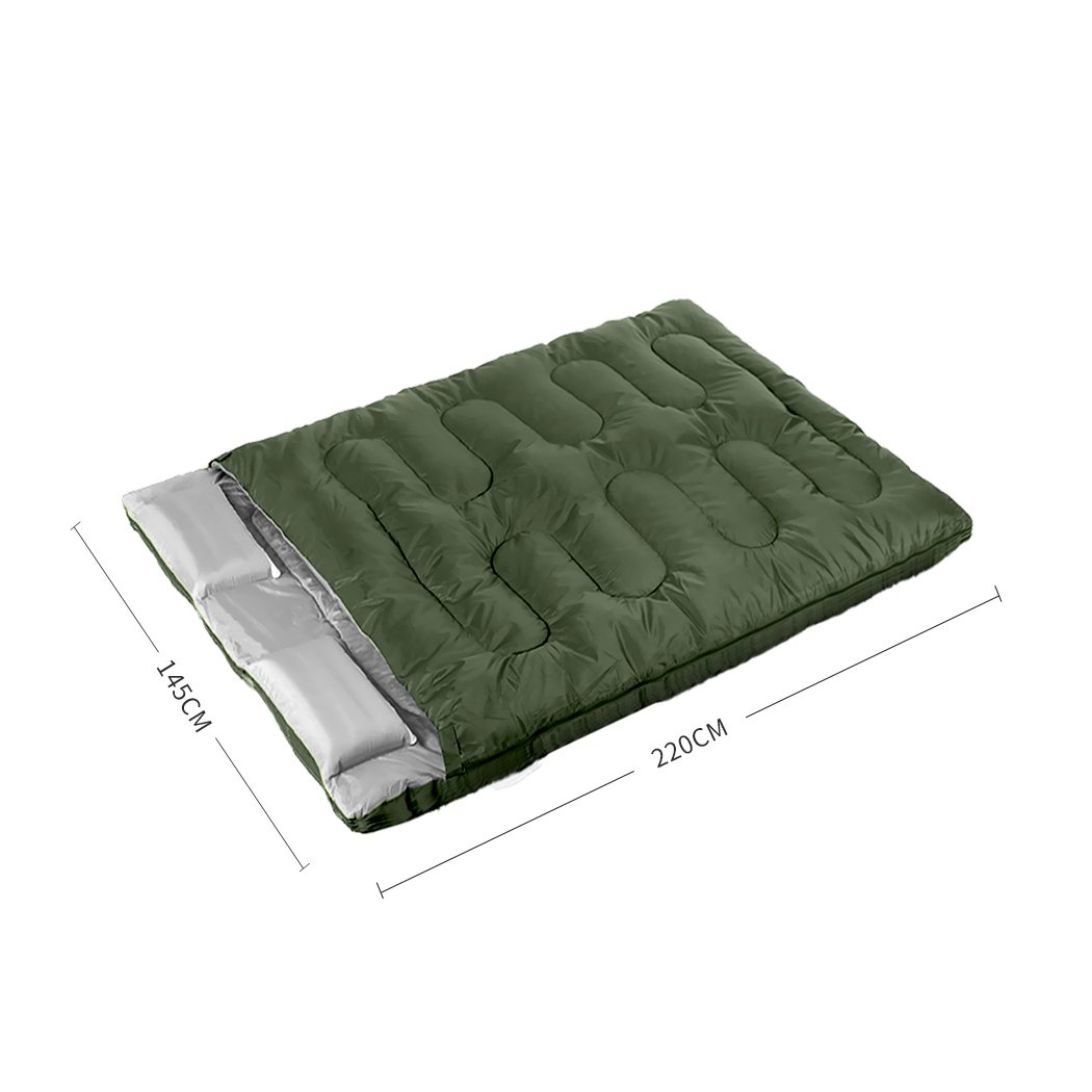 Mountview Double Sleeping Bag in army green, designed for outdoor camping, featuring two pillows and a carry bag.