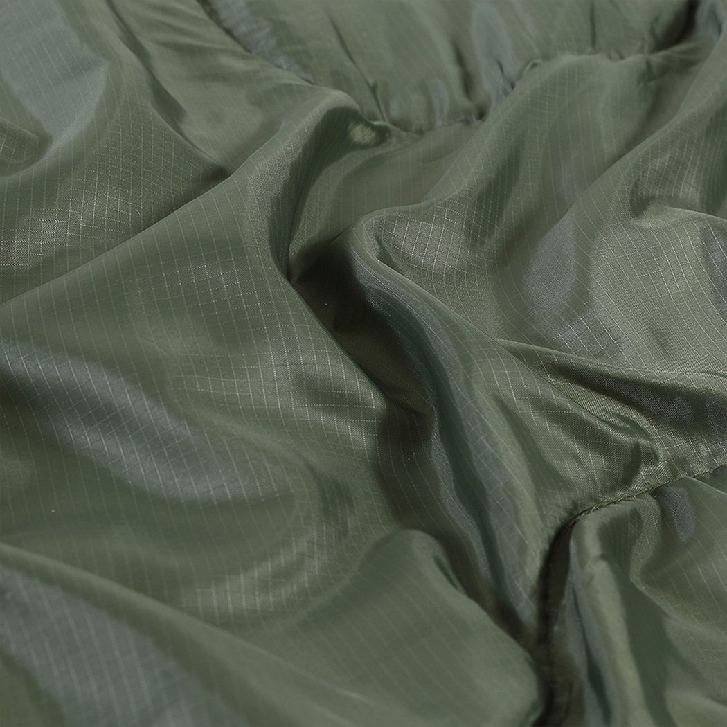 Mountview Double Sleeping Bag in army green, designed for outdoor camping, featuring two pillows and a carry bag.