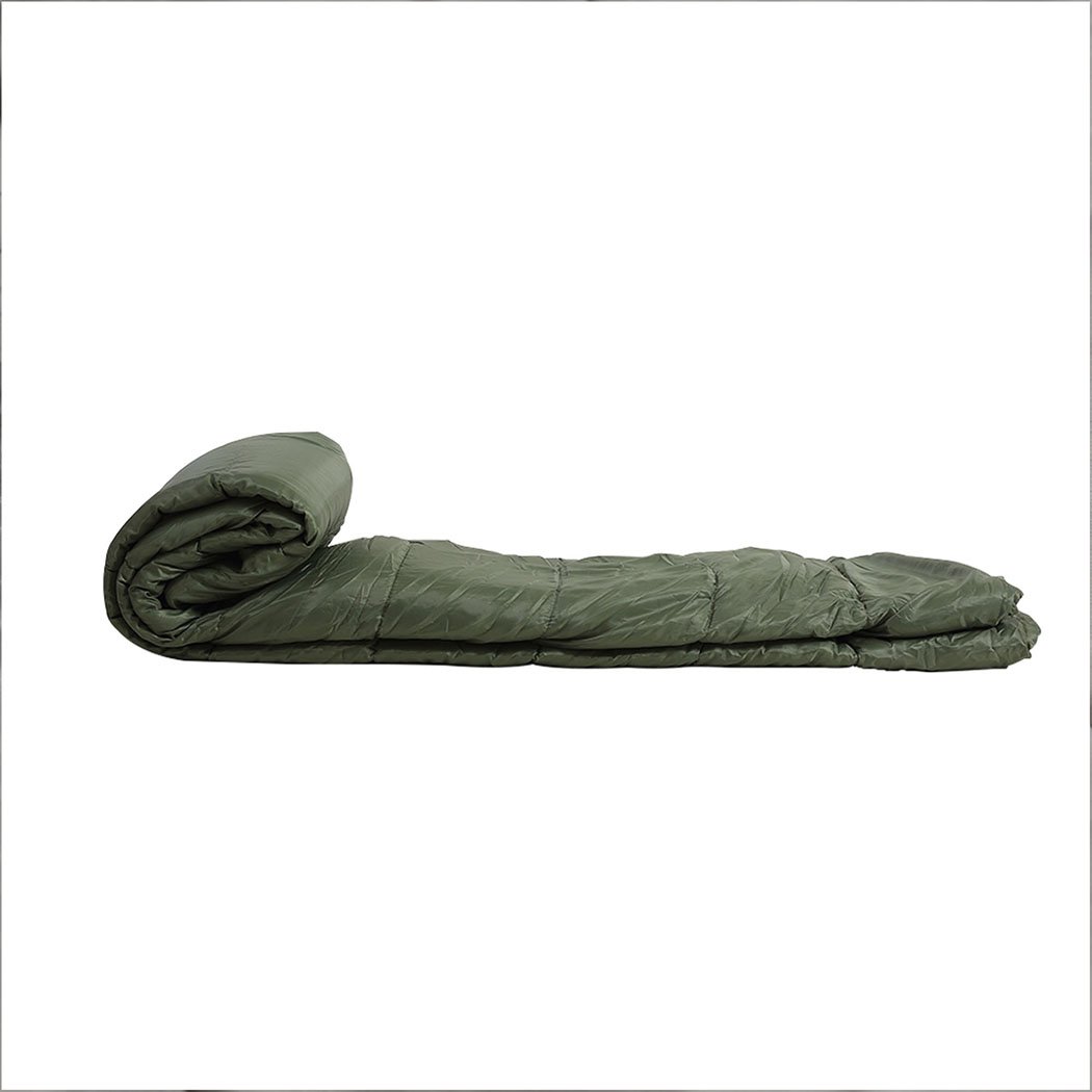 Mountview Double Sleeping Bag in army green, designed for outdoor camping, featuring two pillows and a carry bag.