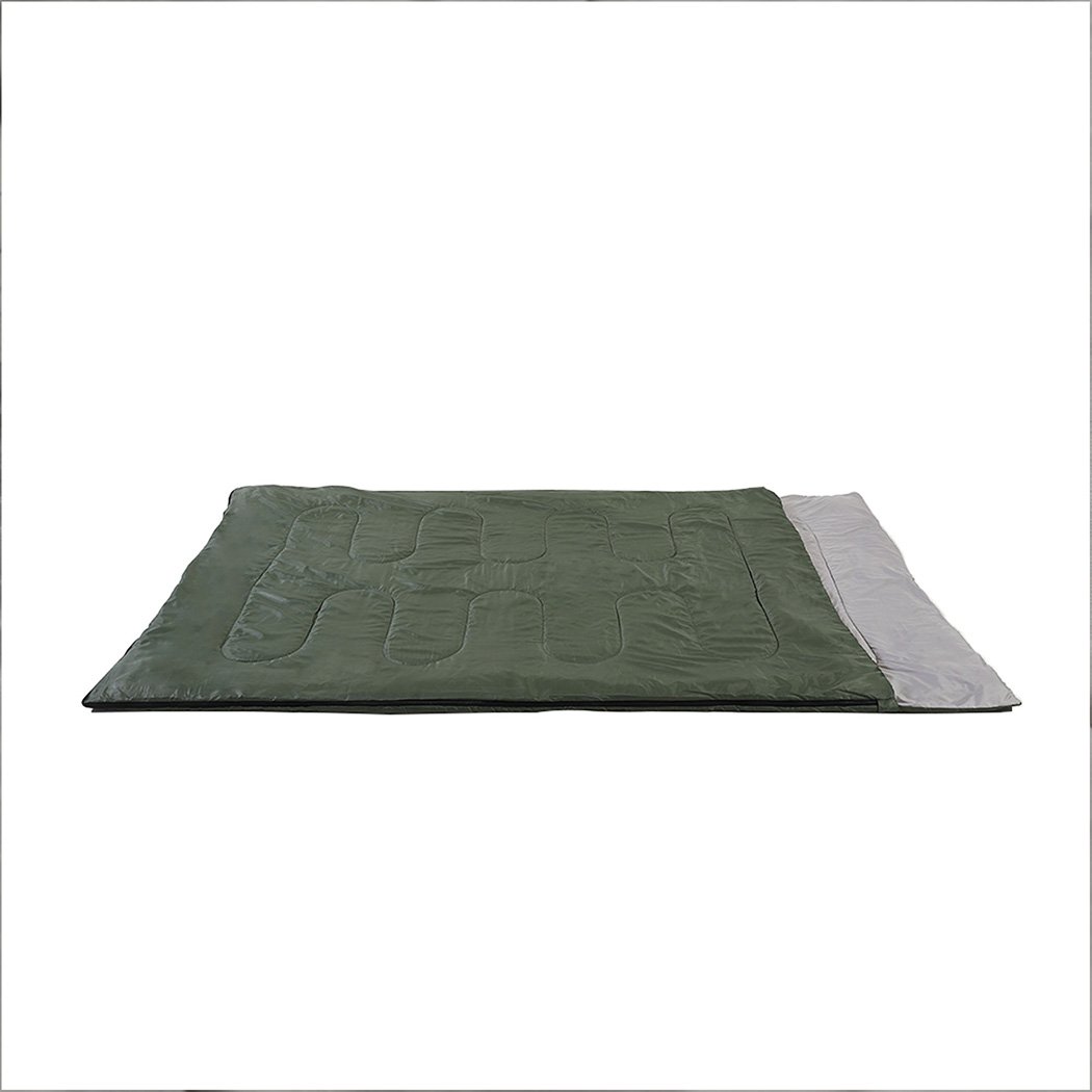 Mountview Double Sleeping Bag in army green, designed for outdoor camping, featuring two pillows and a carry bag.