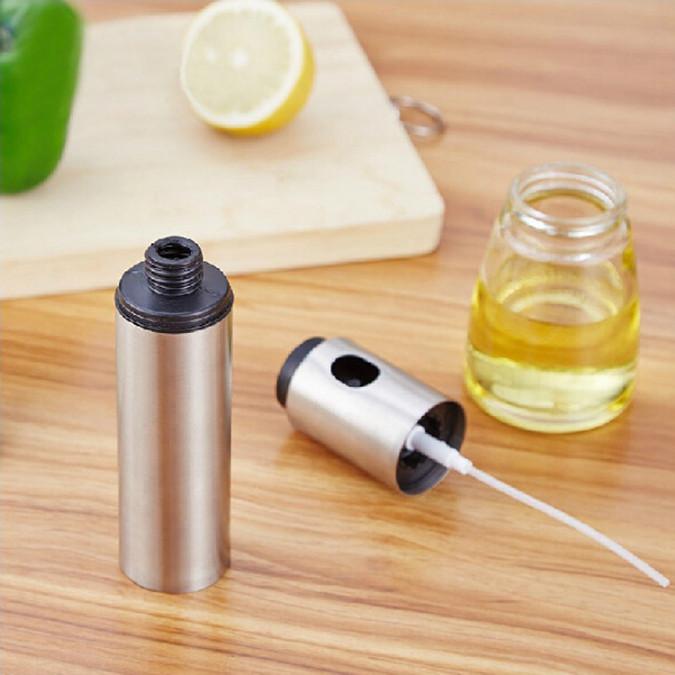 Mr. Mister Point And Spray Olive Oil Spritzer in stainless steel with a BPA-free plastic inner shell, designed for easy oil spraying.