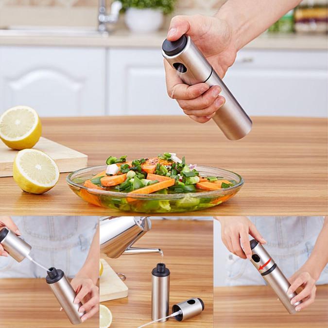 Mr. Mister Point And Spray Olive Oil Spritzer in stainless steel with a BPA-free plastic inner shell, designed for easy oil spraying.