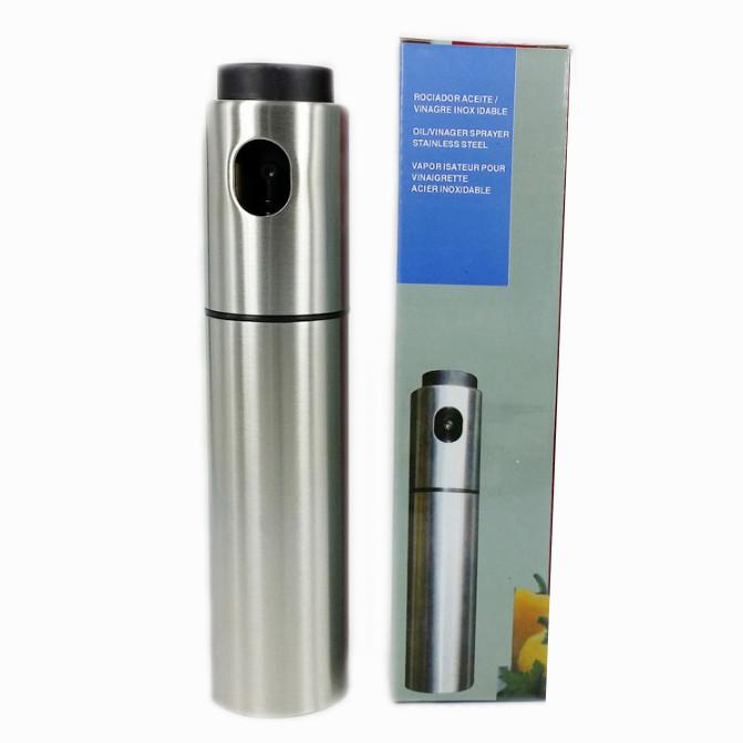 Mr. Mister Point And Spray Olive Oil Spritzer in stainless steel with a BPA-free plastic inner shell, designed for easy oil spraying.