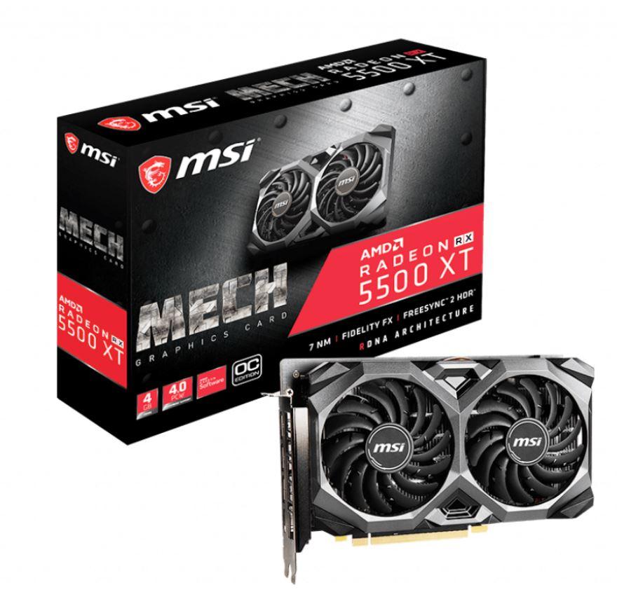 MSI AMD Radeon RX 5500 XT Mech OC 4GB GDDR6 Graphics Card showcasing its sleek design and cooling fans.