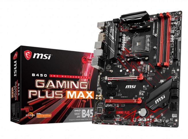 MSI B450 GAMING PLUS MAX AM4 Ryzen ATX Motherboard showcasing its ports and slots for enhanced gaming performance.