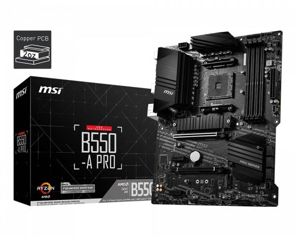 MSI B550-A PRO AM4 ATX motherboard showcasing its features and ports.