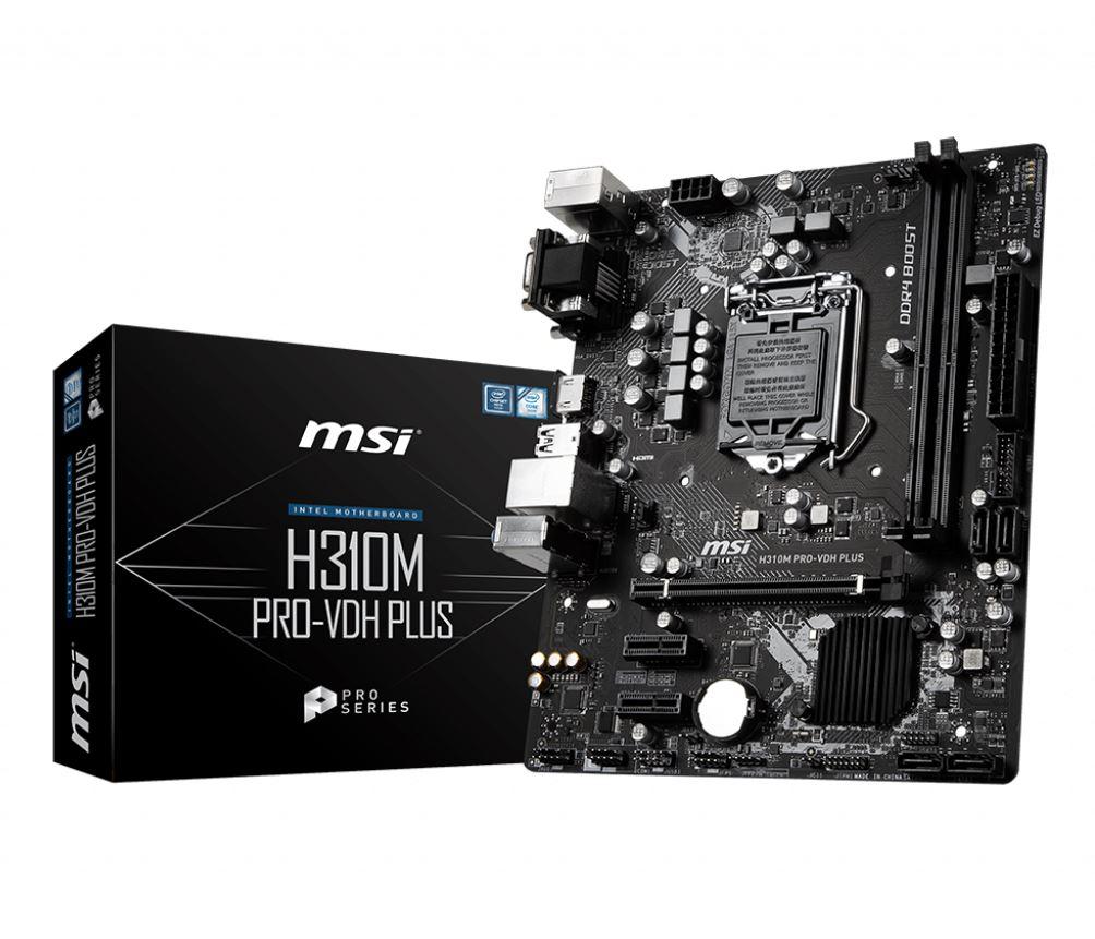 MSI H310M PRO VDH PLUS mATX motherboard showcasing its LGA 1151 socket, DDR4 slots, and various connectivity ports.