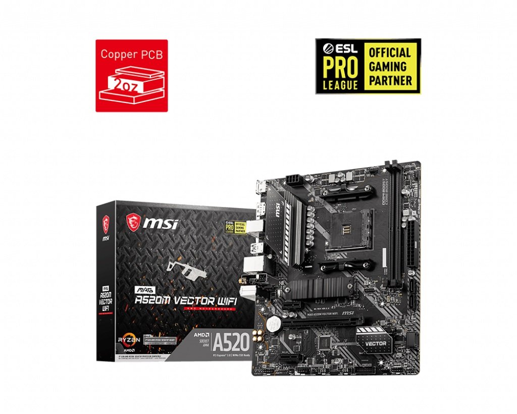 MSI MAG A520M VECTOR WIFI Motherboard with AMD Socket AM4 and dual DDR4 slots, showcasing its robust design and connectivity options.