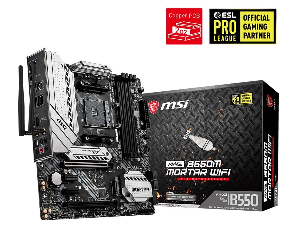 MSI MAG B550M MORTAR WIFI AM4 M-ATX motherboard showcasing its ports and slots.