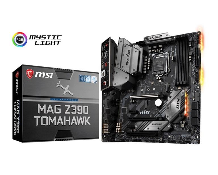 MSI MAG Z390 TOMAHAWK ATX Motherboard showcasing its advanced features and RGB lighting.