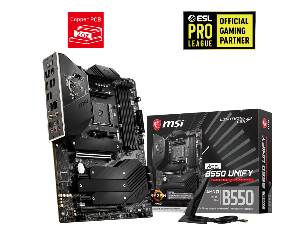 MSI MEG B550 UNIFY AMD AM4 Ryzen ATX Motherboard showcasing its advanced features and connectivity options.