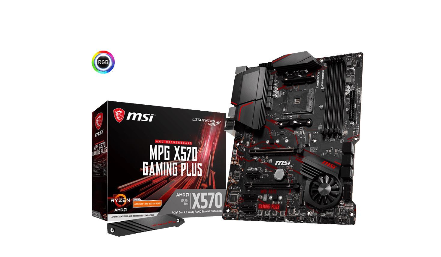 MSI MPG X570 GAMING PLUS AM4 ATX Motherboard showcasing its advanced features and cooling design.