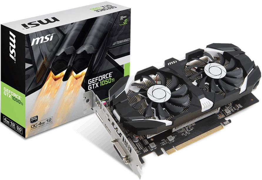 MSI nVidia Geforce GTX 1050 TI 4GT OC V1 graphics card with GDDR5 memory and advanced cooling features.