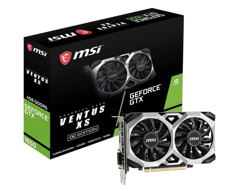 MSI nVidia Geforce GTX 1650 VENTUS XS 4G OC graphics card showcasing its sleek design and ports.