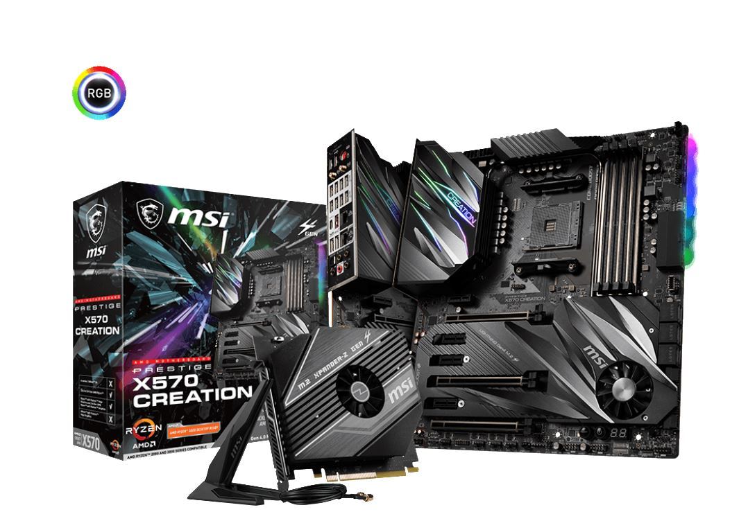 MSI PRESTIGE X570 CREATION Ryzen AM4 E-ATX Motherboard showcasing its advanced features and connectivity options.