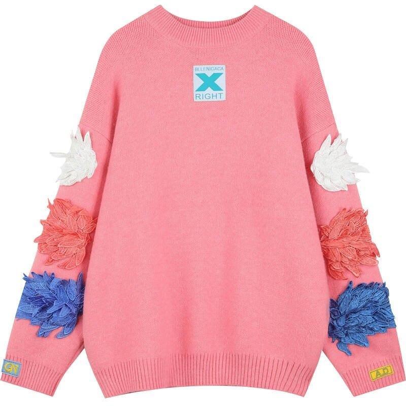 MultiColor Applique Casual Pullover Knit Sweater for women in pink and blue, featuring a stylish patchwork design and full sleeves.