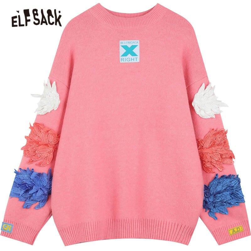 MultiColor Applique Casual Pullover Knit Sweater for women in pink and blue, featuring a stylish patchwork design and full sleeves.