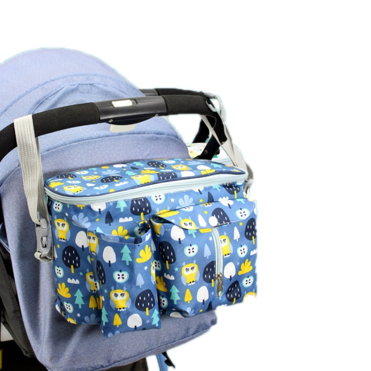 Multifunctional baby stroller storage bag in Tibetan Owl design, made of durable nylon cloth, featuring adjustable straps and a humanized buckle.