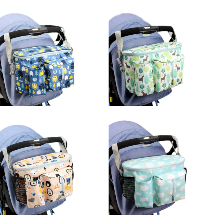 Multifunctional baby stroller storage bag in Tibetan Owl design, made of durable nylon cloth, featuring adjustable straps and a humanized buckle.