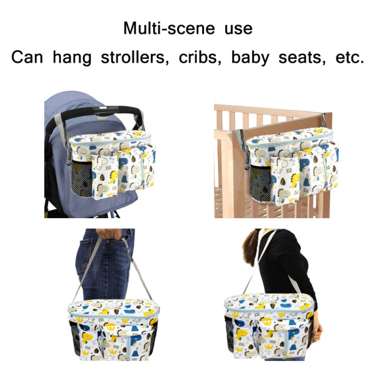 Multifunctional baby stroller storage bag in Tibetan Owl design, made of durable nylon cloth, featuring adjustable straps and a humanized buckle.