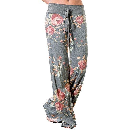 A pair of super cute rosy jammies featuring a comfortable design with adjustable drawstrings and a fold-over waistband, perfect for lounging.