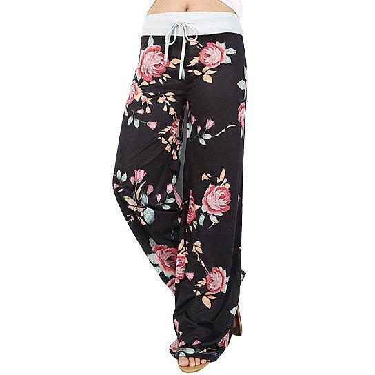 A pair of super cute rosy jammies featuring a comfortable design with adjustable drawstrings and a fold-over waistband, perfect for lounging.