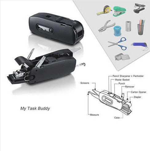 My Task Buddy, a compact 10 in 1 office tool featuring stapler, scissors, measuring tape, and more, designed for efficient workspace organization.