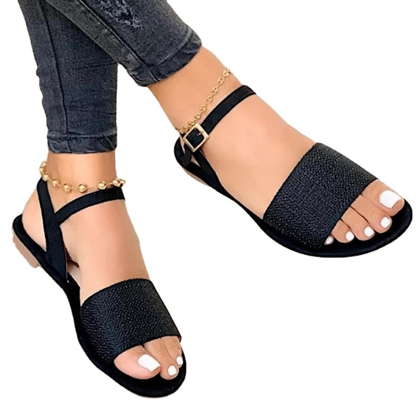 MZ-210623-01 Summer Flat Sandals in various colors and sizes, featuring a stylish buckle design.