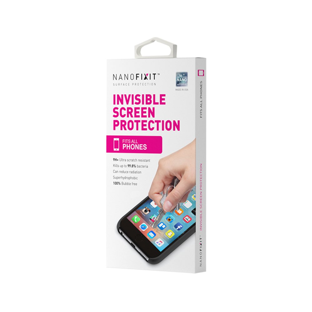 Nanofixit One Phone liquid screen protector bottle with a smartphone in the background, showcasing its protective capabilities.