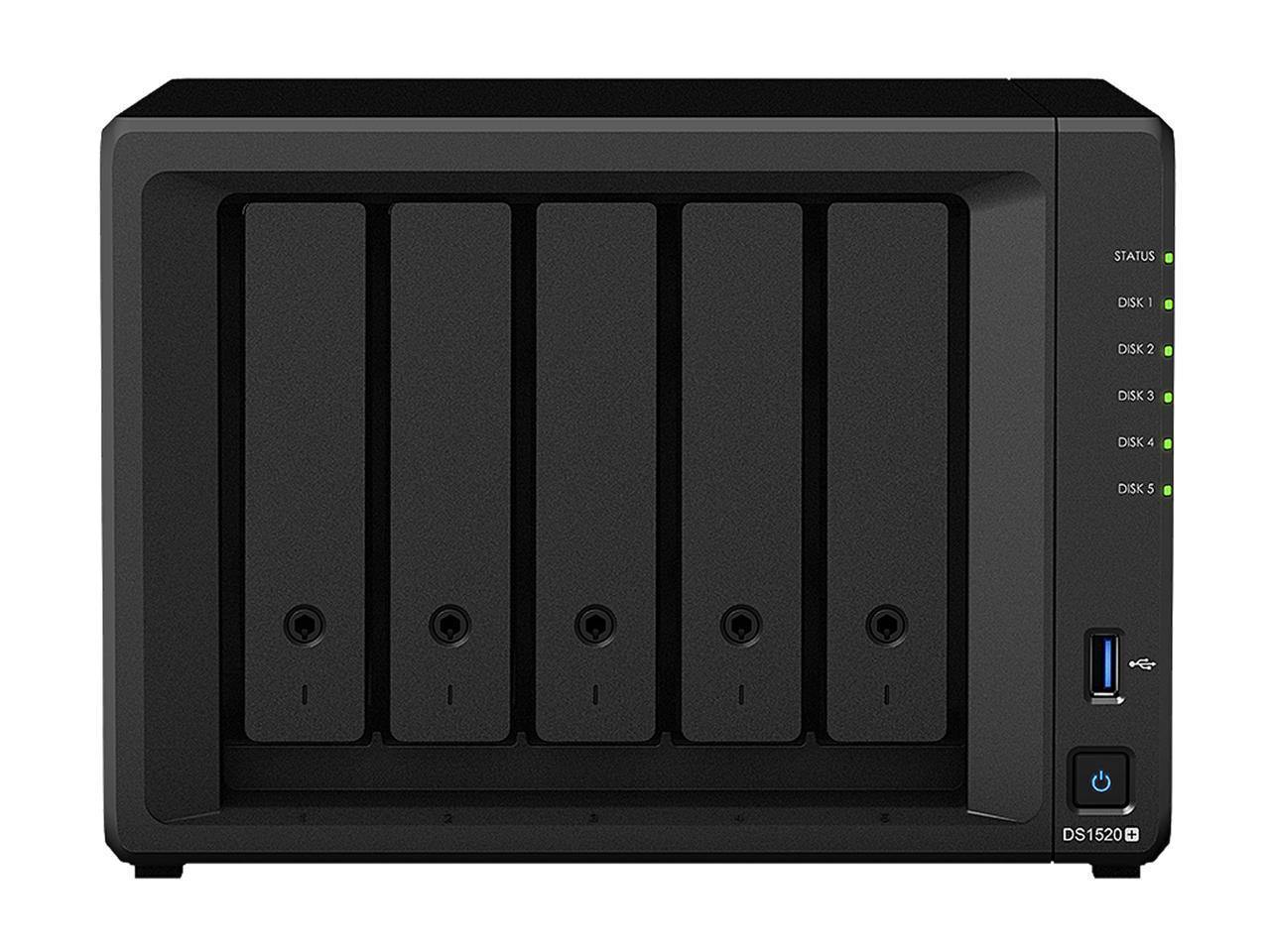 Synology DS1520+ NAS DiskStation with five drive bays, sleek design, and user-friendly interface.