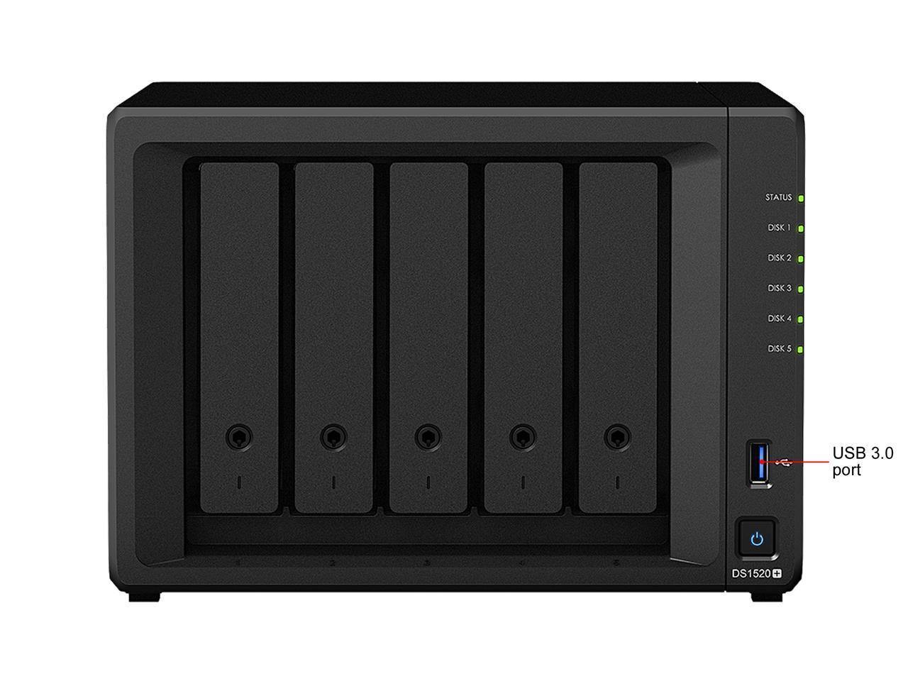 Synology DS1520+ NAS DiskStation with five drive bays, sleek design, and user-friendly interface.