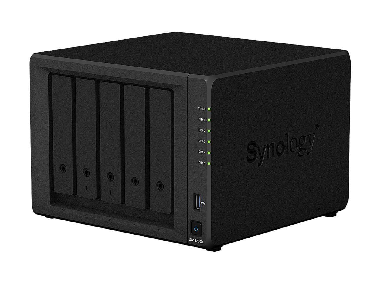 Synology DS1520+ NAS DiskStation with five drive bays, sleek design, and user-friendly interface.