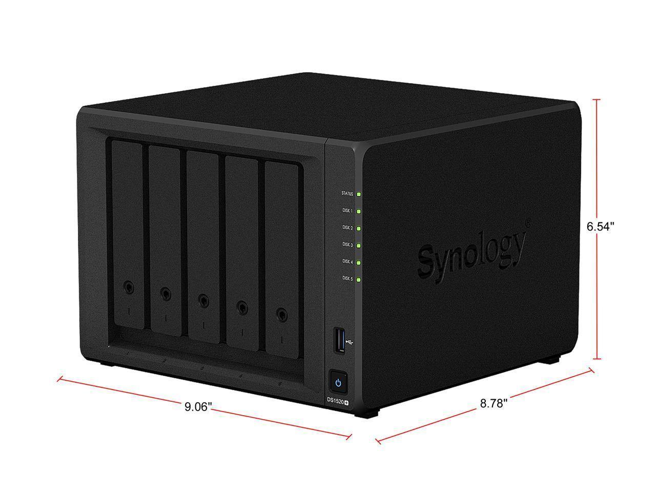 Synology DS1520+ NAS DiskStation with five drive bays, sleek design, and user-friendly interface.