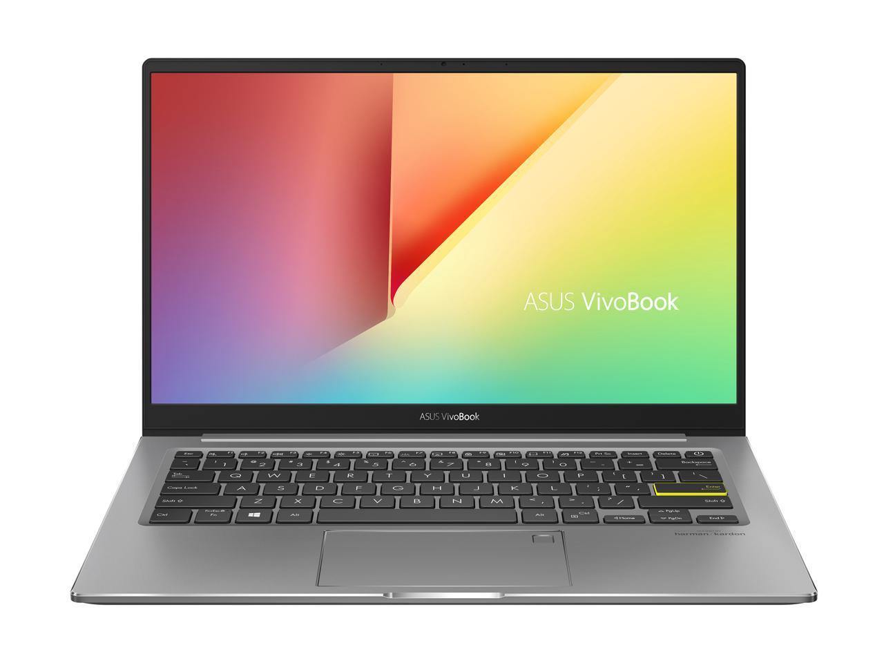 ASUS VivoBook S13 S333JA-DS51 RT laptop with 13.3-inch FHD display in Indie Black color, showcasing its sleek design and fingerprint reader.