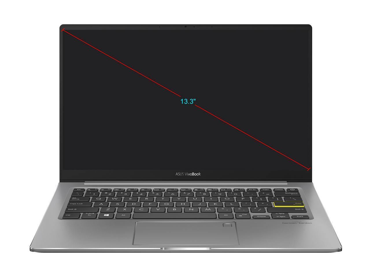 ASUS VivoBook S13 S333JA-DS51 RT laptop with 13.3-inch FHD display in Indie Black color, showcasing its sleek design and fingerprint reader.