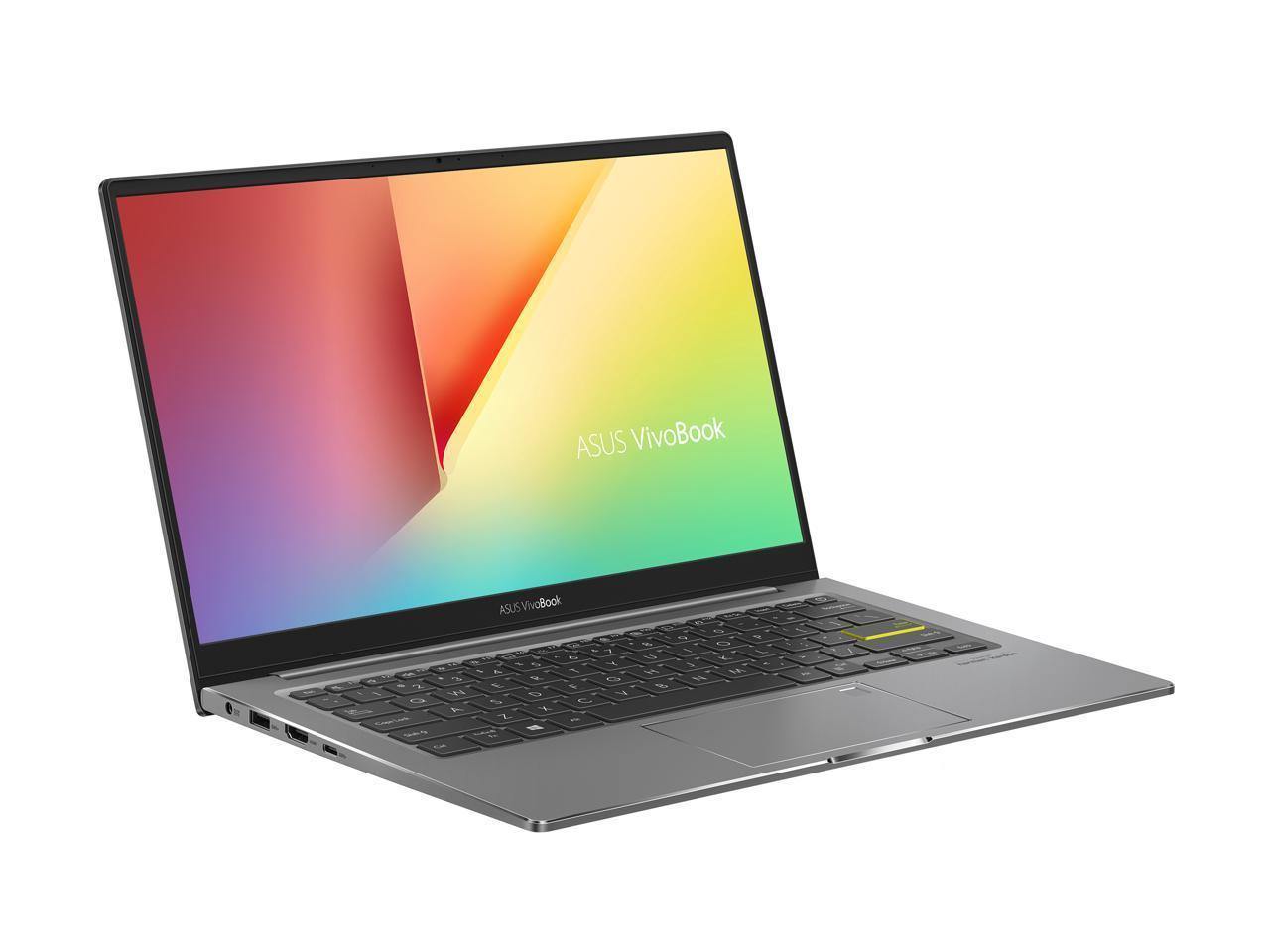 ASUS VivoBook S13 S333JA-DS51 RT laptop with 13.3-inch FHD display in Indie Black color, showcasing its sleek design and fingerprint reader.