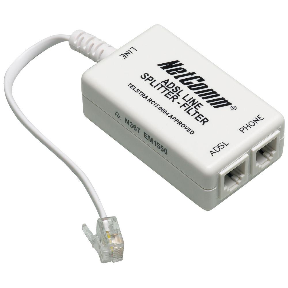 Netcomm EM1550 ADSL2+ In-line Splitter with dual ports for phone and modem connections, designed for optimal internet performance.