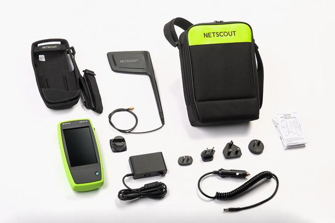 Netscout AIRCHECK-G2-KIT Wireless Tester Kit with accessories displayed in a carry case.