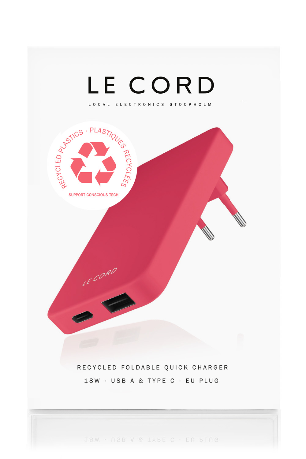 New Coral ReCharger 30W PD Recycled Wall Charger with foldable plug and dual USB ports, available in nature-inspired colors.