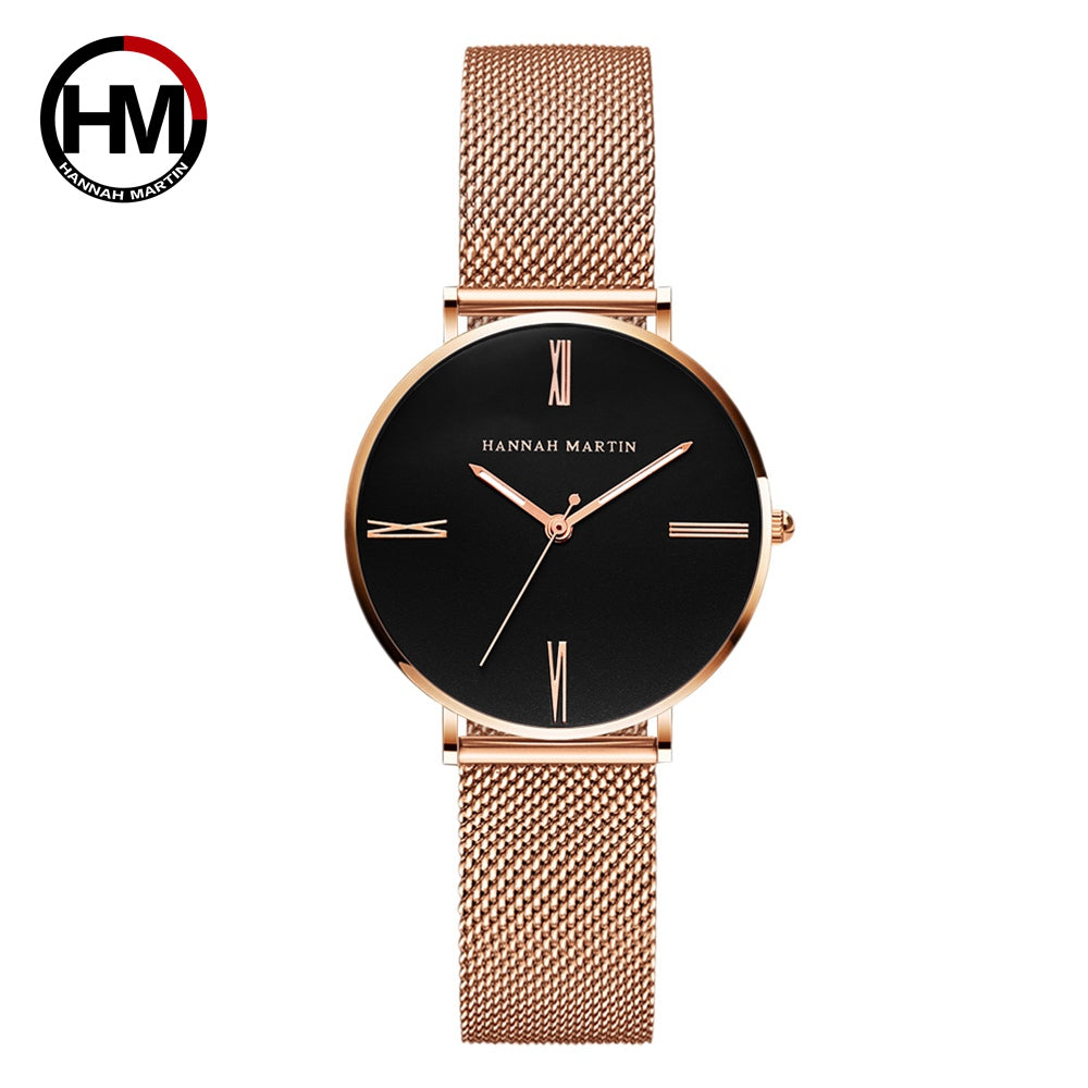 Stylish women's watch featuring a stainless steel mesh band and a round alloy case with a hardlex dial, showcasing a minimalist design.