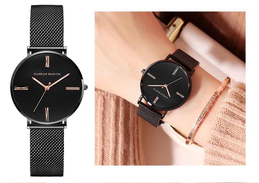 Stylish women's watch featuring a stainless steel mesh band and a round alloy case with a hardlex dial, showcasing a minimalist design.