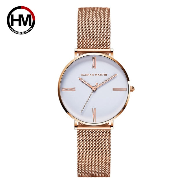 Stylish women's watch featuring a stainless steel mesh band and a round alloy case with a hardlex dial, showcasing a minimalist design.