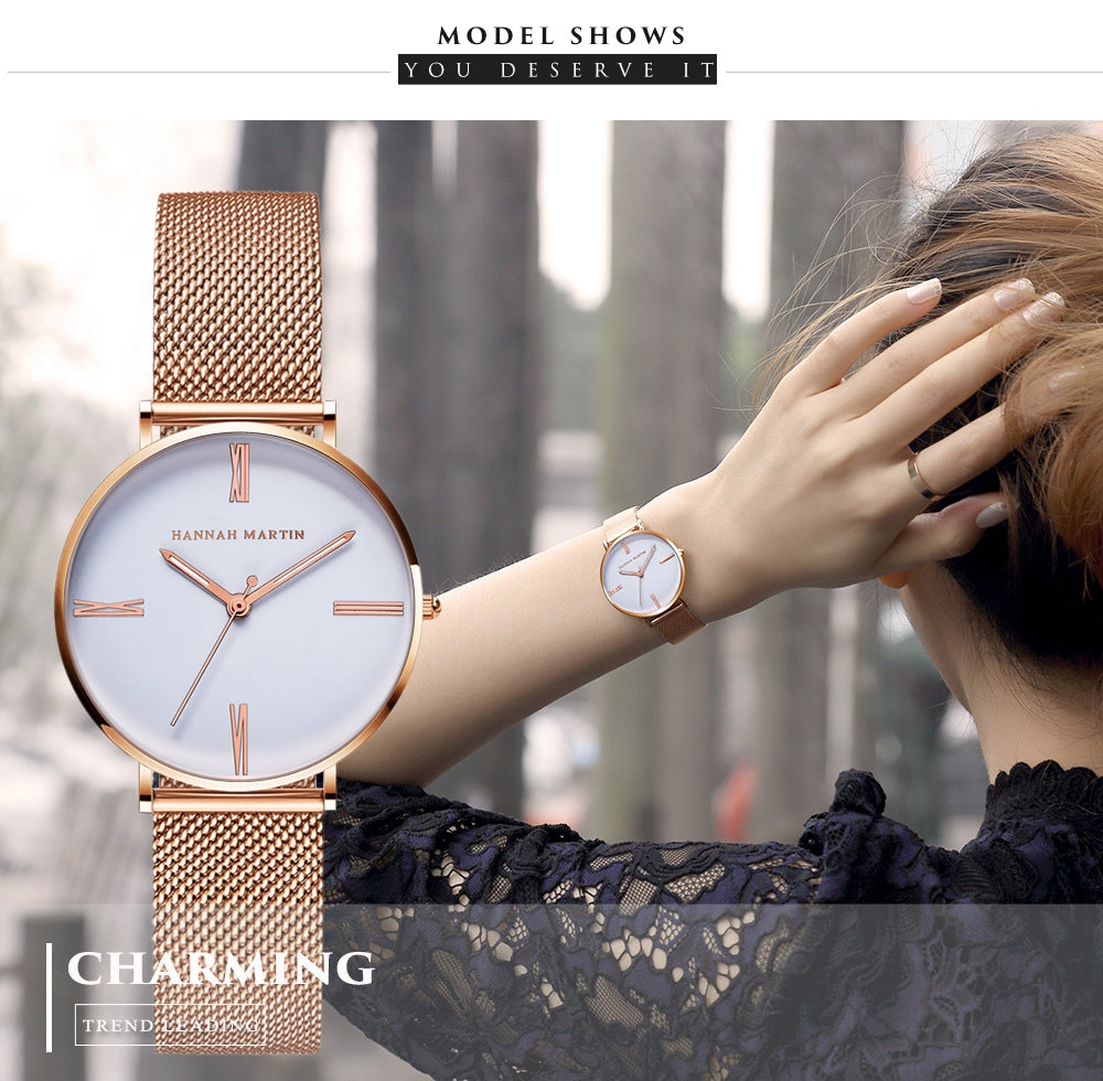 Stylish women's watch featuring a stainless steel mesh band and a round alloy case with a hardlex dial, showcasing a minimalist design.