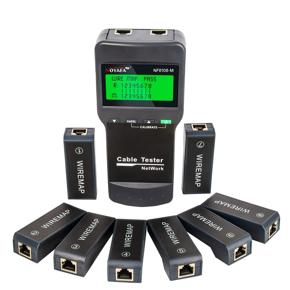 NF-8108M network cable tester with RJ45 connectors and remote identifiers, designed for measuring cable length and detecting faults.