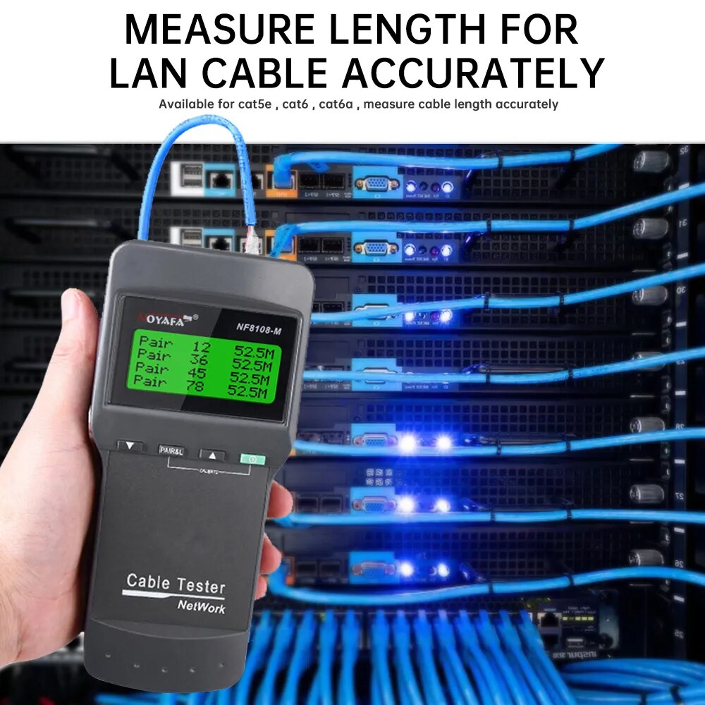 NF-8108M network cable tester with RJ45 connectors and remote identifiers, designed for measuring cable length and detecting faults.