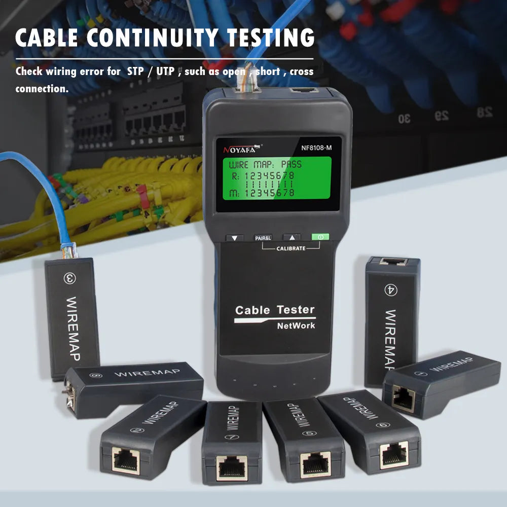 NF-8108M network cable tester with RJ45 connectors and remote identifiers, designed for measuring cable length and detecting faults.