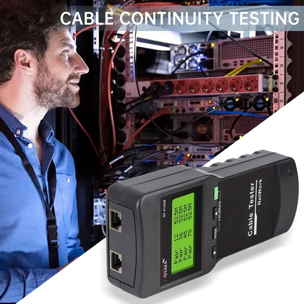 NF-8108M network cable tester with RJ45 connectors and remote identifiers, designed for measuring cable length and detecting faults.