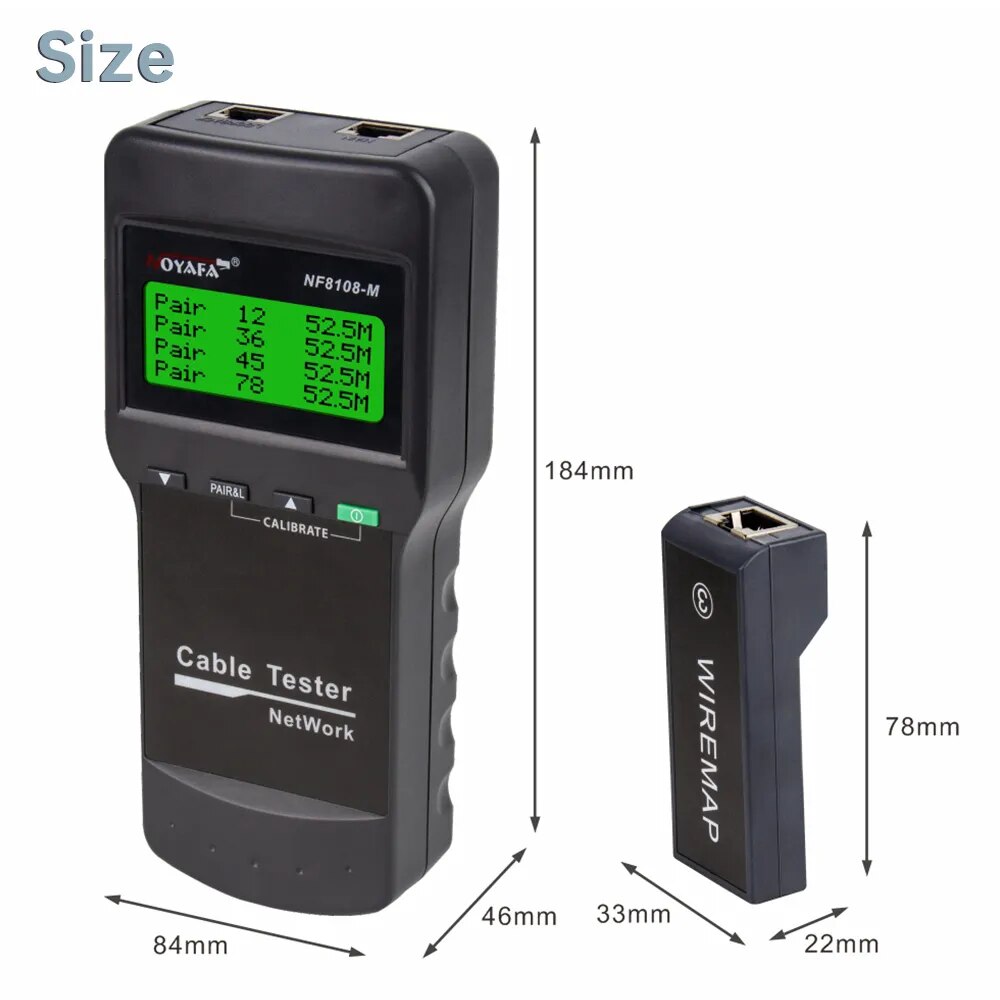 NF-8108M network cable tester with RJ45 connectors and remote identifiers, designed for measuring cable length and detecting faults.