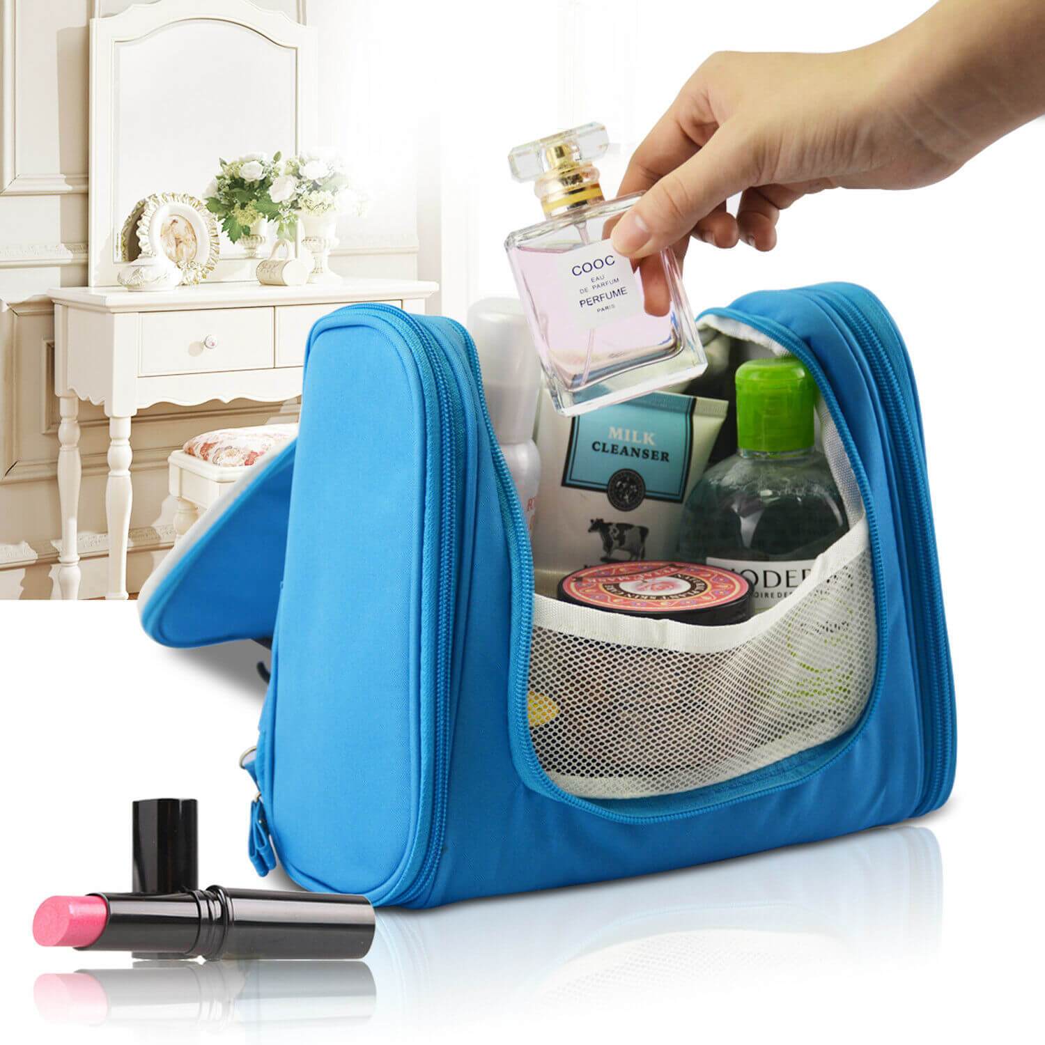 New Travel Cosmetic Makeup Bag in blue, featuring multiple compartments and a folding design for easy storage.